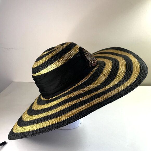 Vintage NEW Whittall & Shon Gold/Black Striped Wide Brim Straw Hat main image 8